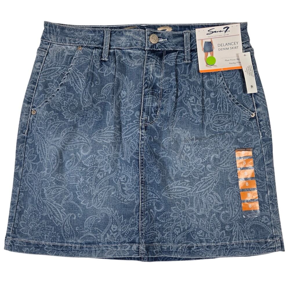 Seven7 Delancy Denim Skirt Pleated Paisley Womens 8 Mini Skirt 0748 - Picture 1 of 10